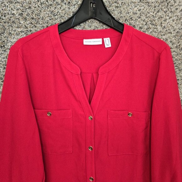 Susan Graver Top Womens Plus 18W Red Button Up Long Sleeve Blouse Casual Ladies - Picture 4 of 7